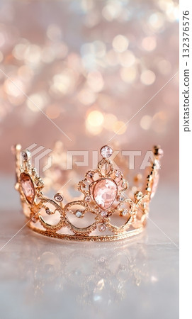 Elegant Pink Crown With Sparkling Gems on a Soft Background of Blurred Lights Elegant Pink Crown With Sparkling Gems on a Soft Background of Blurred Lights 132376576