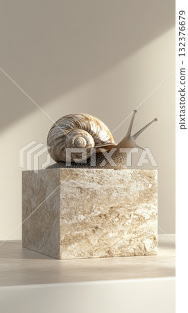 Snail Crawls on a Light-Colored Stone Block in a Minimalistic Setting Snail Crawls on a Light-Colored Stone Block in a Minimalistic Setting 132376679