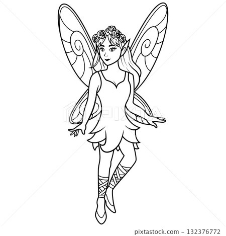 Fairy with Floral Crown and Elegant Wings Line Art 132376772