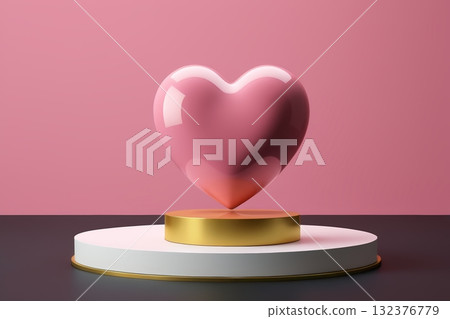一颗粉红色的心底座是金色的 132376779