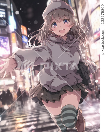 A smiling anime girl running through the city at night A smiling anime girl running through the city at night 132376869