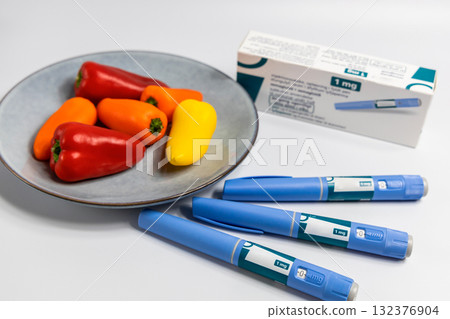 Ozempic Insulin injection pen for diabetics and weight loss and plate of vegetables Ozempic Insulin injection pen for diabetics and weight loss and plate of vegetables 132376904