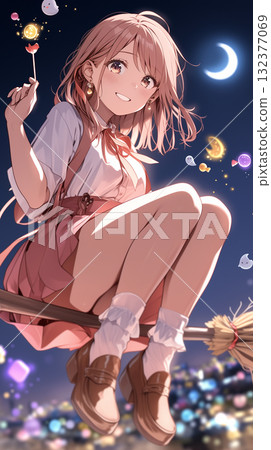 萬聖節之夜騎著掃帚飛行的女孩 萬聖節之夜騎著掃帚飛行的女孩 132377069