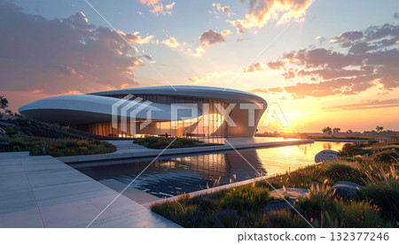 Modern House with Pool at Sunset 132377246