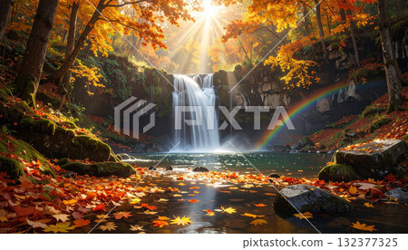 Scenic Waterfall in Autumn Forest with Colorful Foliage 132377325