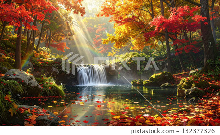 Waterfall Scenery with Colorful Autumn Foliage 132377326