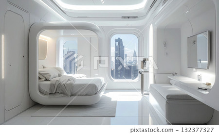 Futuristic Interior of Hotel Room with City Skyline View 132377327