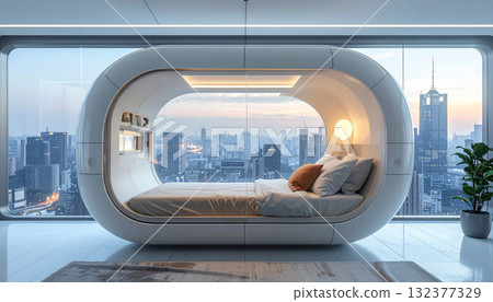 Futuristic Bedroom Pod with City View at Sunrise 132377329