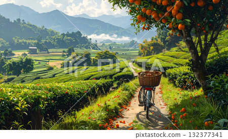 Bike Ride Through Tea Plantation With Orange Tree 132377341