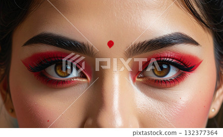 Close-up Portrait of a Woman with Red Eye Makeup 132377364