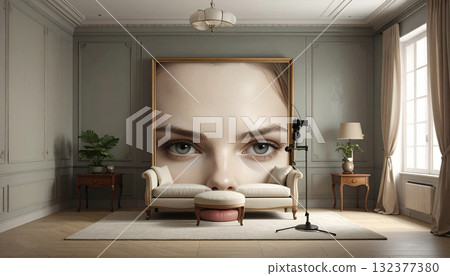 Art Studio with Face Portrait and Sofa 132377380