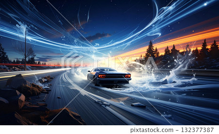 Blue Car Speeding on a Winding Icy Winter Road at Sunset Blue Car Speeding on a Winding Icy Winter Road at Sunset 132377387