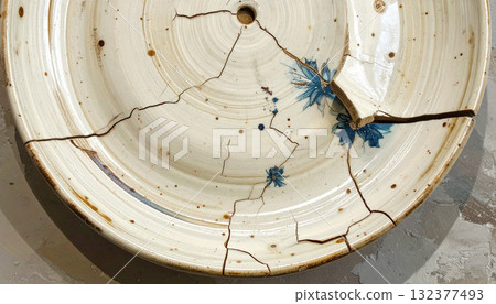 Damaged Plate with Blue Floral Design and Cracks 132377493