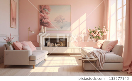 Serene Living Room in Soft Pastel Pink Colors with Minimalist Design 132377543