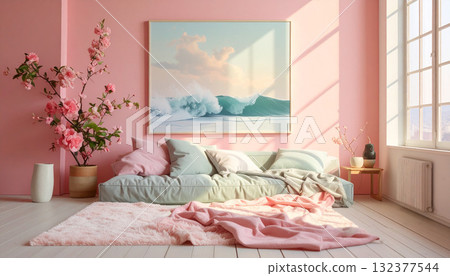 Cozy Pastel Room Interior with Waves Artwork 132377544