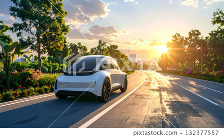 Electric Vehicle Driving on Road at Sunset Electric Vehicle Driving on Road at Sunset 132377557