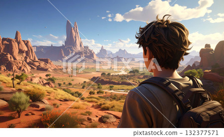 Backpacker Exploring Arid Desert Landscape Vista Backpacker Exploring Arid Desert Landscape Vista 132377571