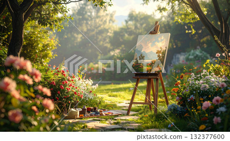 Artist's Easel in Garden Painting Landscape Scene Artist's Easel in Garden Painting Landscape Scene 132377600