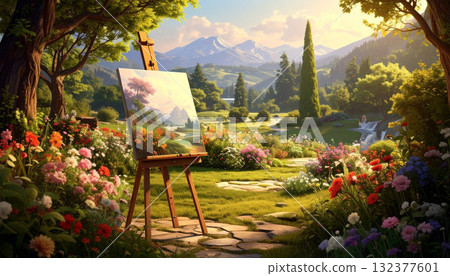 Painting an idyllic landscape scene on canvas 132377601