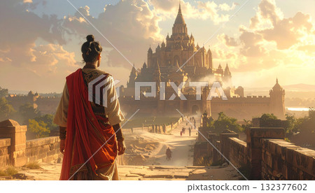 Person Gazing at Grand Ancient Palace at Sunset 132377602