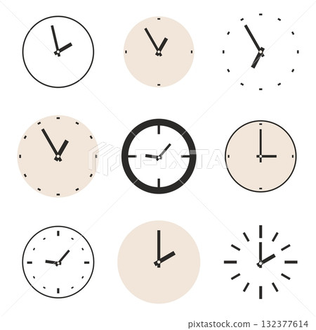 Clock vector icon set. Beige and black clocks illustration collection isolated on white background Clock vector icon set. Beige and black clocks illustration collection isolated on white background 132377614