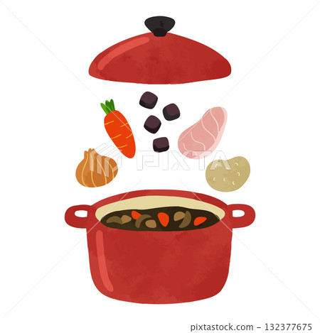 Red pot and curry ingredients Watercolor hand-drawn vector illustration 132377675