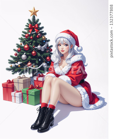 Young and pretty woman in Santa costume with gift boxes under the Christmas tree 132377808