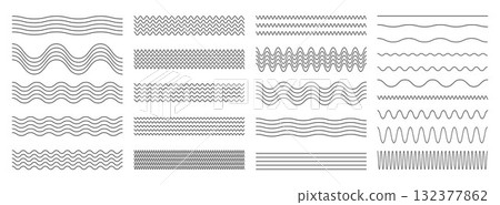 Corrugated Waves line set. Isolated zigzag, Wave ornament pattern, horizontal underline, wavy, billowy, thin line background. Vector illustration. Not AI Corrugated Waves line set. Isolated zigzag, Wave ornament pattern, horizontal underline, wavy, billowy, thin line background. Vector illustration. Not AI 132377862