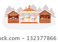 Winter amusement park, Christmas market, winter scene. Christmas fair, carousel with horses, market stalls, fair tents. Hand-drawn flat illustration. Composition with a winter landscape isolated on a Winter amusement park, Christmas market, winter scene. Christmas fair, carousel with horses, market stalls, fair tents. Hand-drawn flat illustration. Composition with a winter landscape isolated on a 132377866