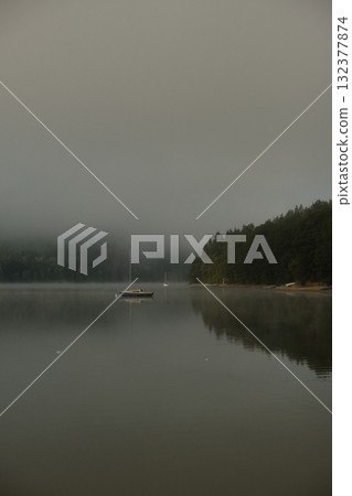 Foggy Lake Sunrise Boat Misty Tranquil Scene Foggy Lake Sunrise Boat Misty Tranquil Scene 132377874