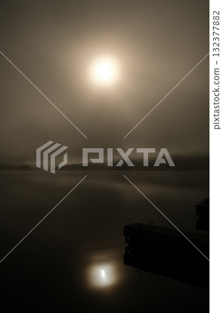 Foggy Dock Lake Boats Moody Atmosphere 132377882