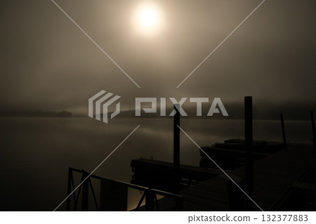Foggy Dock Lake Boats Moody Atmosphere 132377883