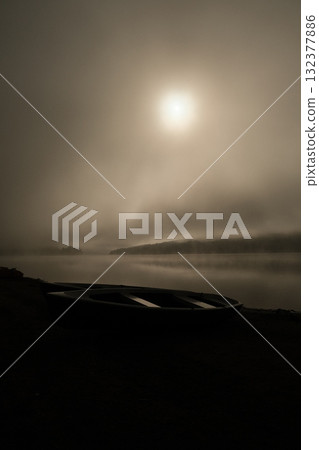 Foggy Lake Sunrise Boat Misty Tranquil Scene 132377886