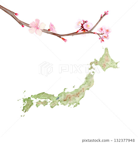 Map of Japan decorated with delicate cherry blossom branch. Hand-painted watercolor clip art isolated on white. Perfect for travel, culture, spring design, decor, or educational geography projects 132377948