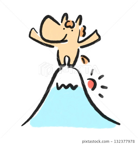 富士山頂上舉起手臂的馬和新年的第一縷日出，水墨畫 132377978