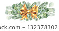 Christmas tree garland decorations with evergreen pine branches, satin bow with . Festive borders and dividers for xmas holiday designs. Hand drawn watercolor style 132378302
