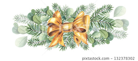 Christmas tree garland decorations with evergreen pine branches, satin bow with . Festive borders and dividers for xmas holiday designs. Hand drawn watercolor style 132378302