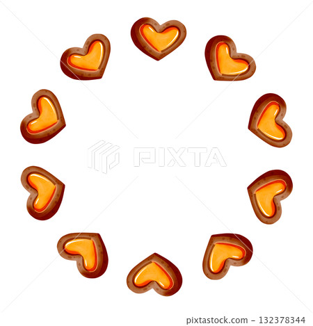 Round frame. Heart-shaped gingerbread with jam. Delicious hand-drawn cookies. Watercolor illustration of the dessert. Winter holiday atmosphere. 132378344