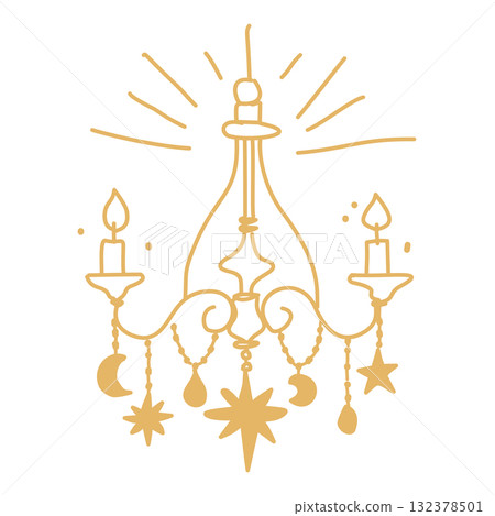 Celestial Chandelier Line Art Illustration with Candles Moons and Stars Elegant Cosmic Christmas Decor Outline Mystical Holiday Design for Winter Greeting Cards and Crafts 132378501