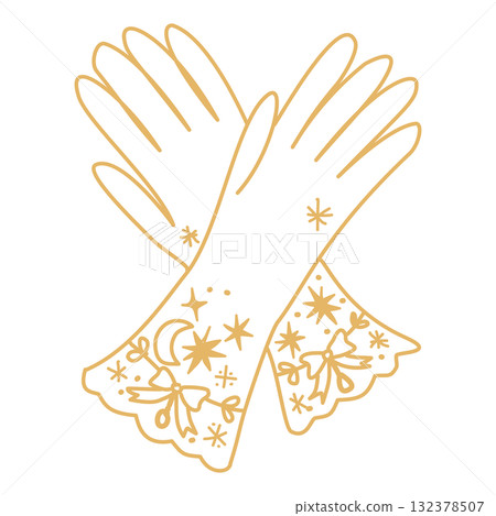 Celestial Gloves Line Art Illustration with Stars Moon and Ribbon Elegant Decorative Lace Cuffs Magical Christmas Holiday Outline Design for Winter Fashion Crafts and Prints 132378507
