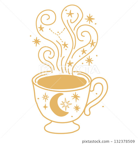 Celestial Cup Line Art Illustration with Moon Stars and Steam Constellations Whimsical Cosmic Christmas Drink Outline Cozy Winter Design for Holiday Cards and Crafts 132378509