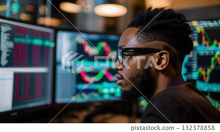 Concentrated man with glasses examining complex data across multiple computer screens in a dimly lit room. 132378858