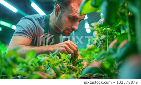 An attentive man in a greenhouse focuses on caring for lush green plants, embodying a connection with nature. 132378879