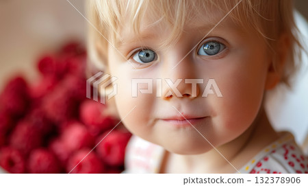 A close-up portrait of a blonde toddler with striking blue eyes, with a hint of red raspberries in the background. 132378906