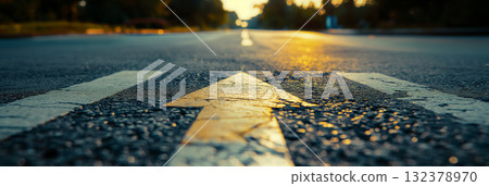 A perspective view of a road with a fading yellow arrow pointing forward, symbolizing direction and journey. A perspective view of a road with a fading yellow arrow pointing forward, symbolizing direction and journey. 132378970
