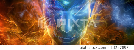 Artistic rendition of a serene face surrounded by a vibrant aura of cosmic fire and blue ethereal smoke. 132378971
