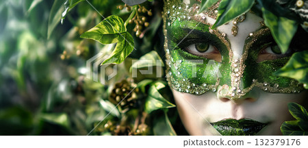 A mysterious figure adorned with a glittering green masquerade mask peers through a lush curtain of green leaves. 132379176