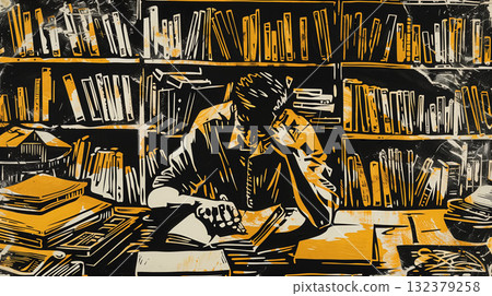 Graphic black and yellow image of a focused man studying hard, surrounded by towering bookshelves. 132379258