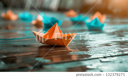 A singular orange paper boat on a wet surface, followed by a fleet of blue ones, evoking leadership. 132379271