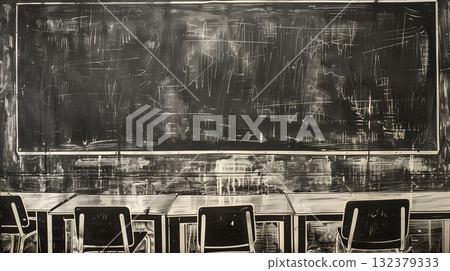 A monochromatic classroom scene featuring an erased chalkboard full of smudges and rows of empty chairs. 132379333
